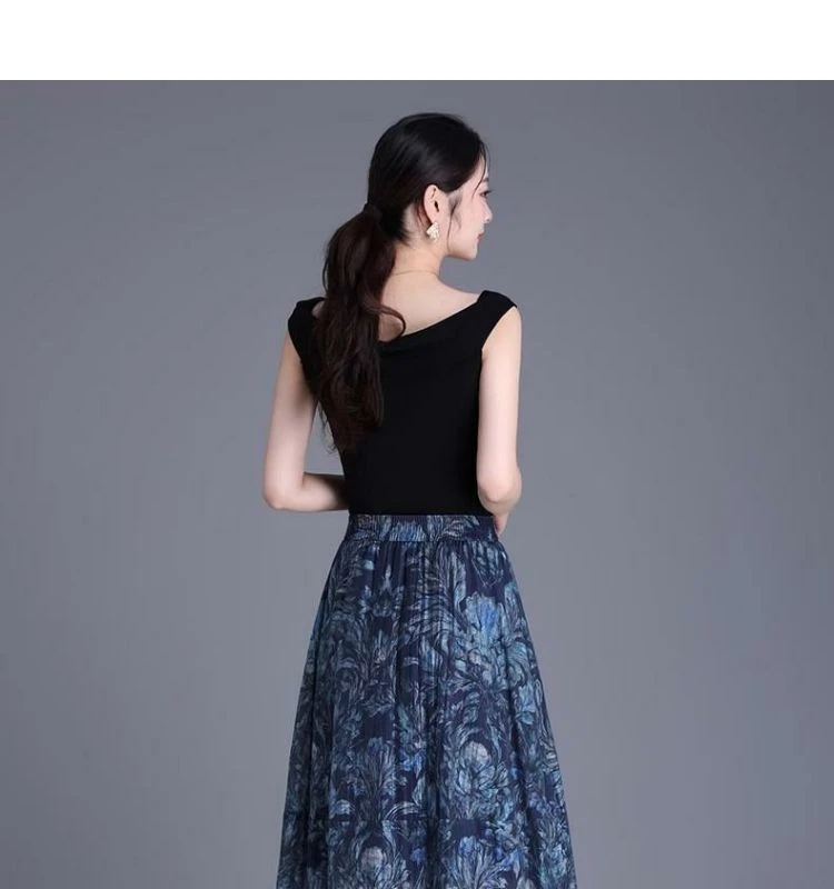 2025夏季薄款天丝亚麻印花花苞裙半身裙女高腰显瘦a字裙中长裙子