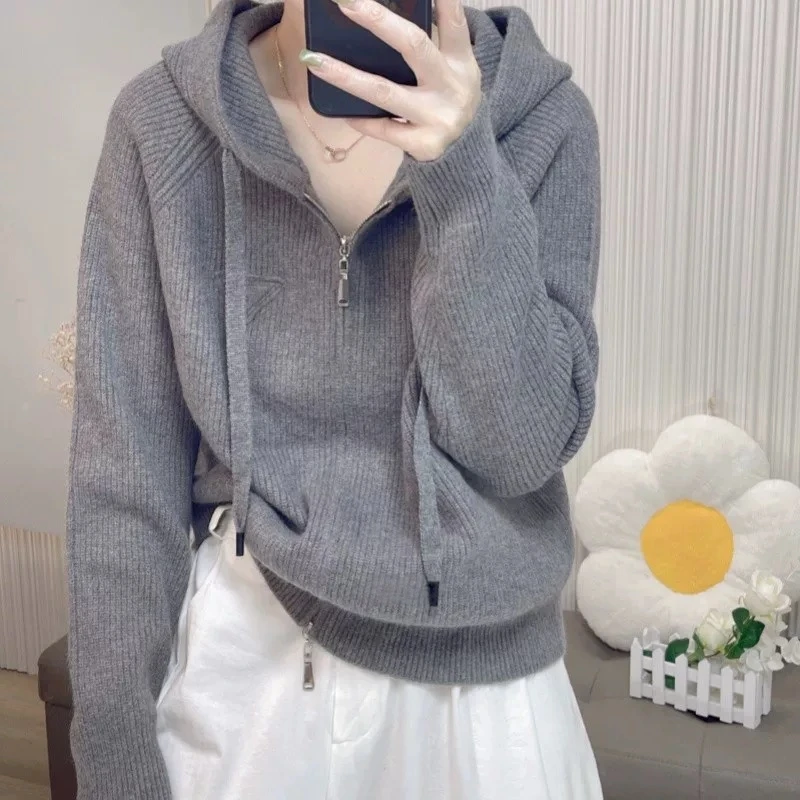 【运费补贴】粗线螺纹针织衫连帽插肩袖双拉链帽衫女学院风外套A820