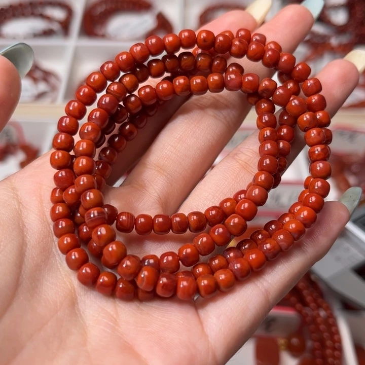 .***子南红玛瑙未镶嵌手链满肉柿子红玫红双色5mm老型多圈