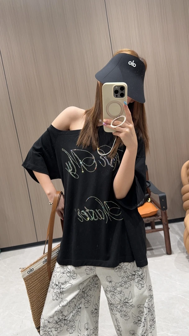 舟舟 【斜肩爆闪t】T恤时尚休闲百搭圆领短袖显瘦纯色