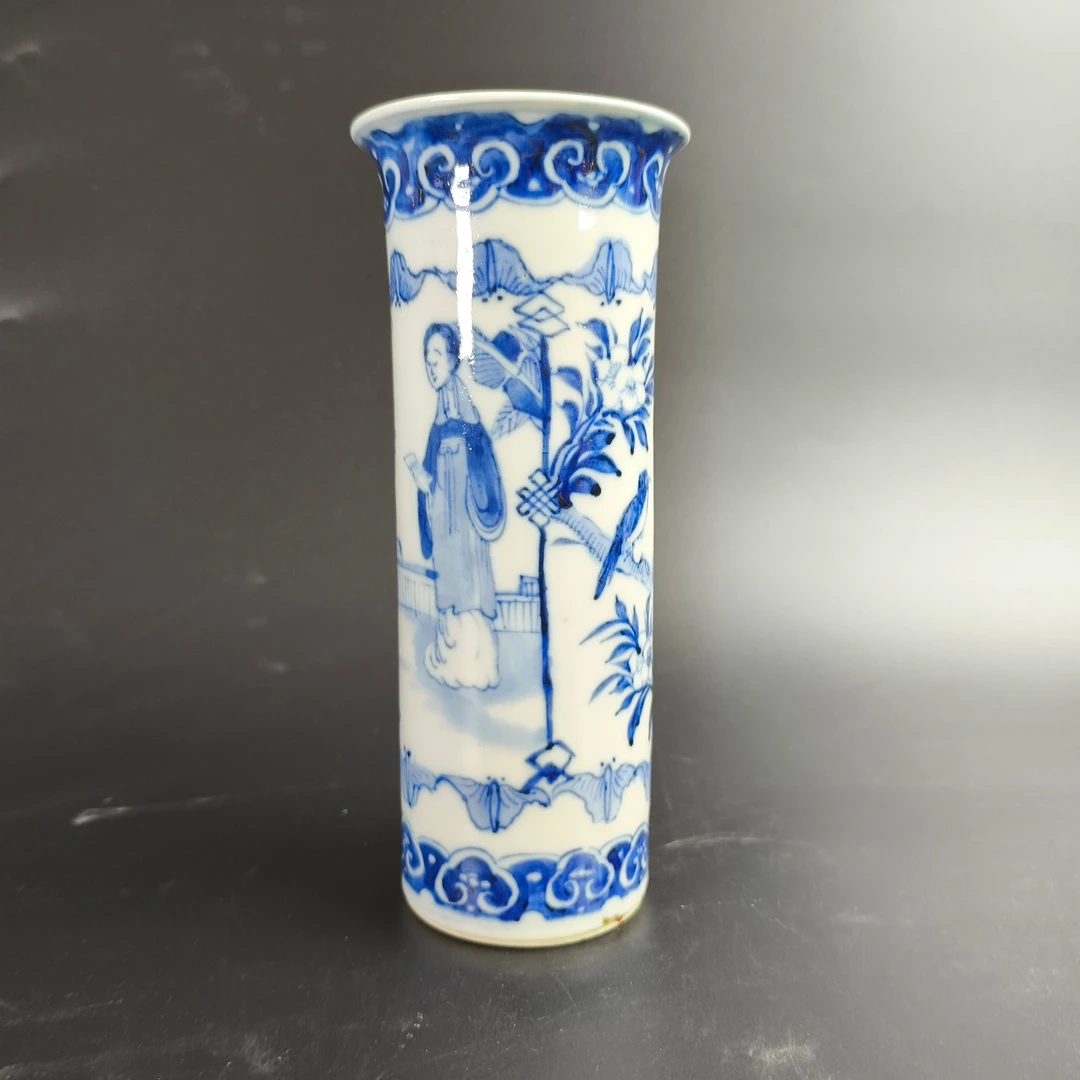 25090779清光绪青花人物花鸟纹花插 高20.8cm