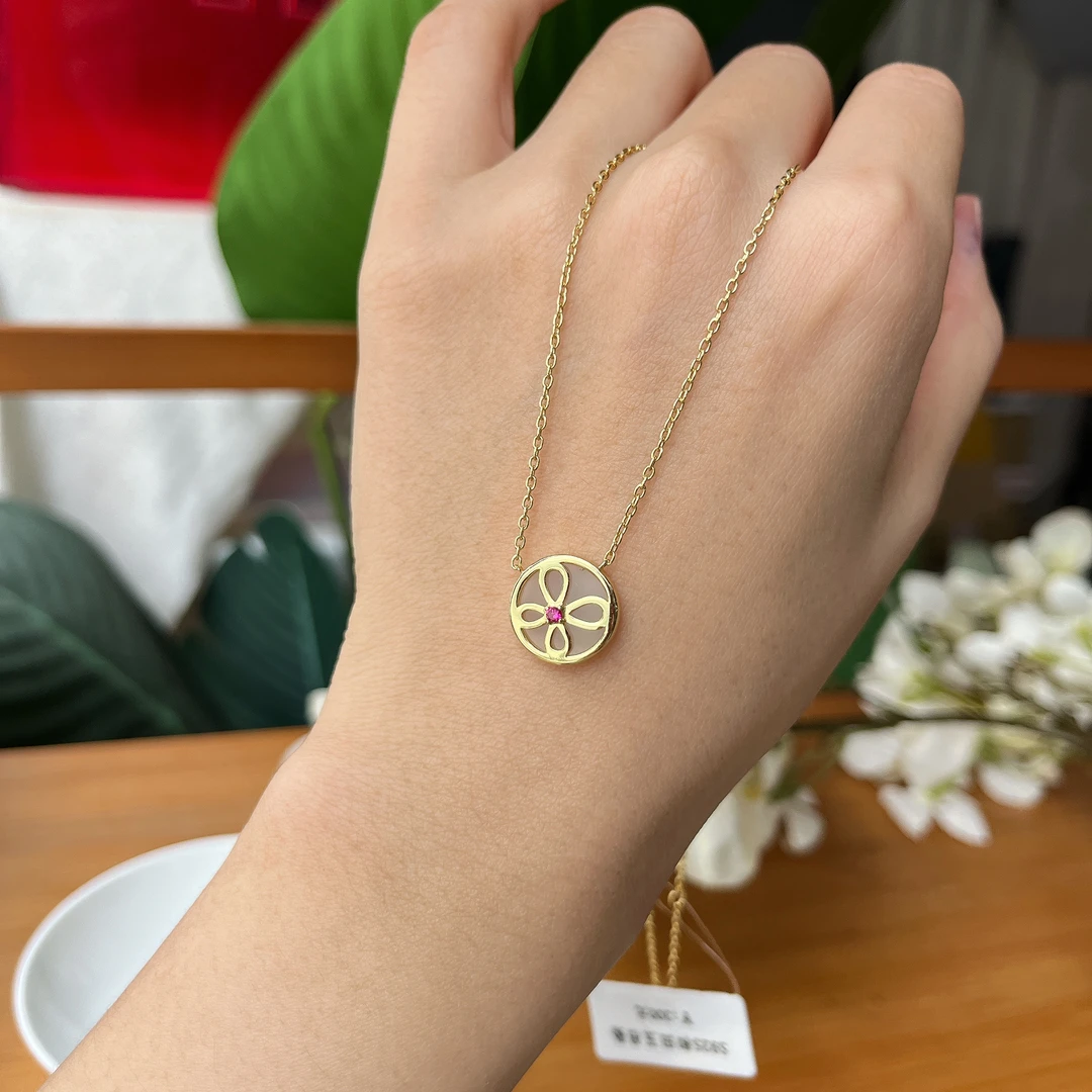 【郭老师】和田玉青玉圆形S925银包镶花朵金色吊坠