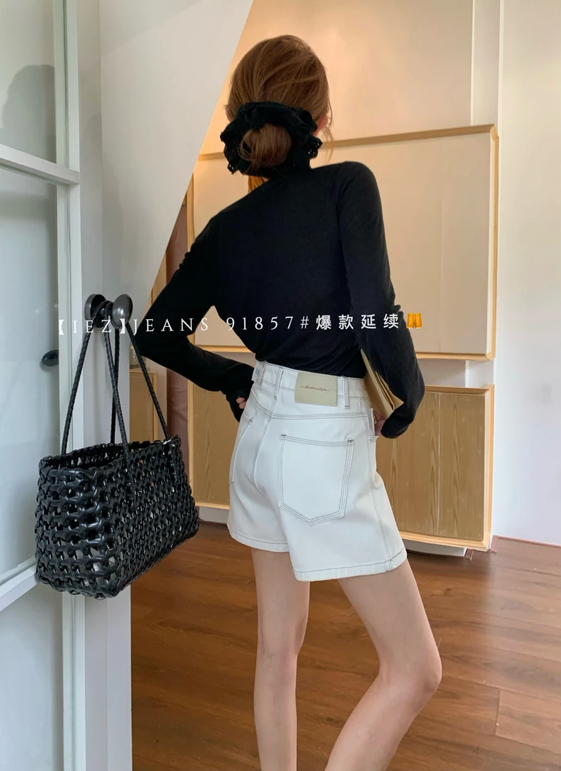 N+定制91857洋气中高腰高端四面弹显瘦甜美韩版纯色牛仔短裤