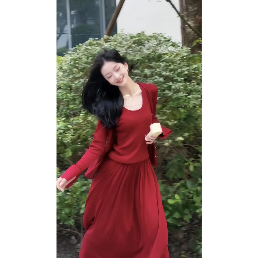【呼啸山风】早秋松弛感穿搭韩系轻熟风羊毛针织背心半身裙套装女