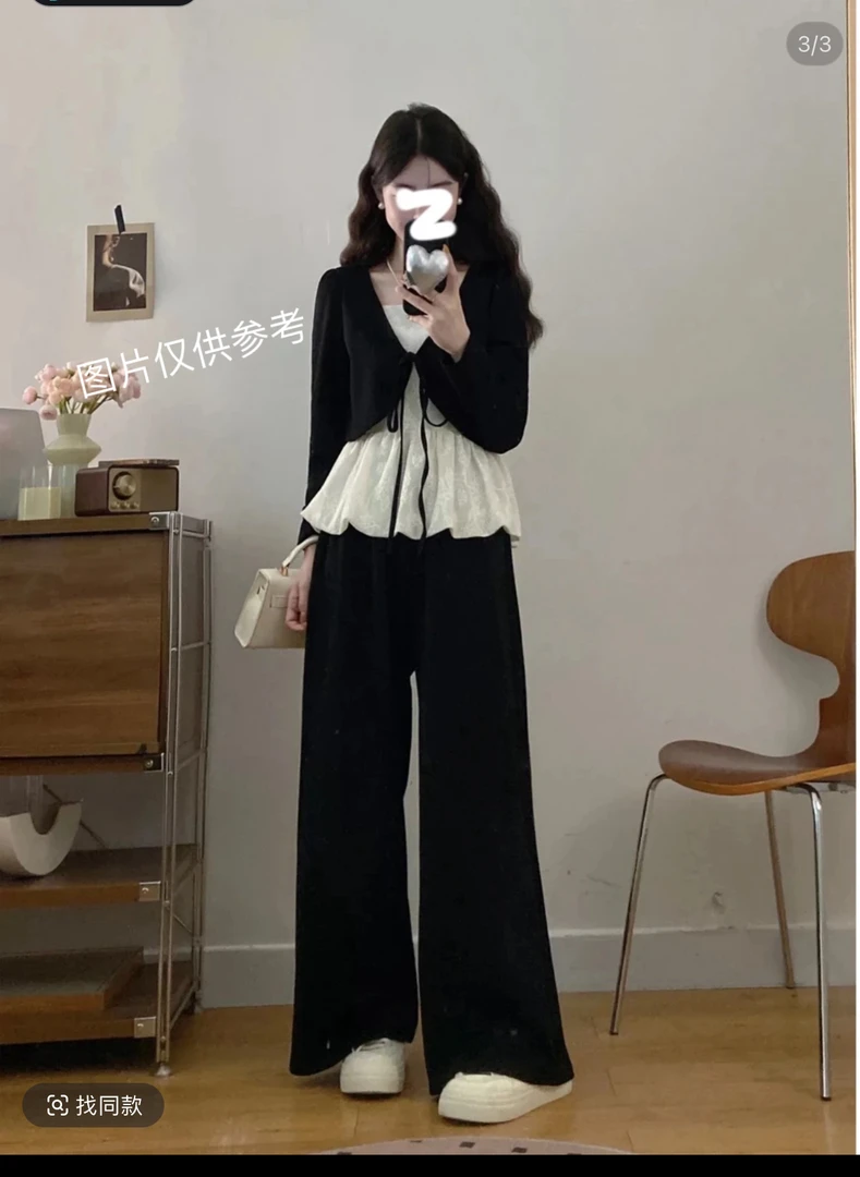 甜美风吊带上衣女秋季新款高腰阔腿裤/裙子三件套