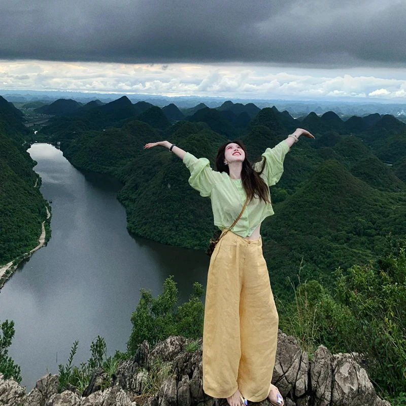 2025夏季新款韩系多巴胺穿搭薄款衬衫上衣搭配休闲裤显瘦两件套女
