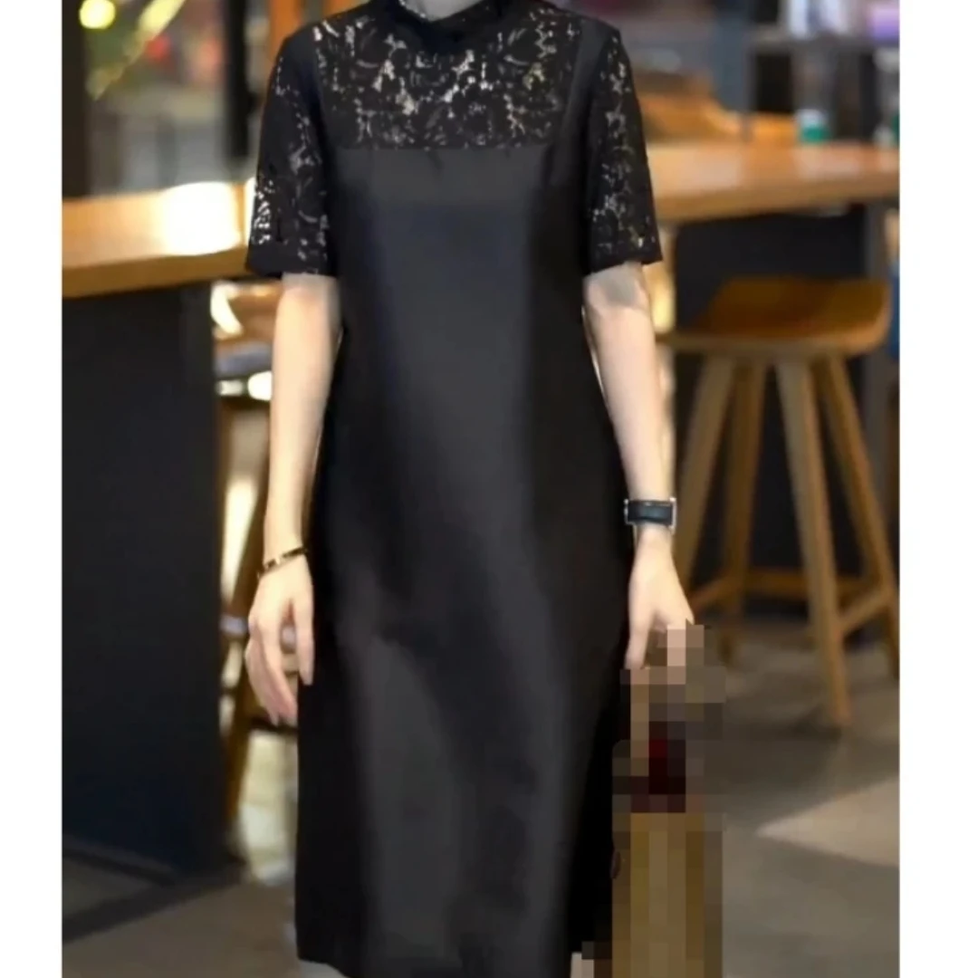 夏季新款显瘦百搭蕾丝拼接黑色中长款连衣裙