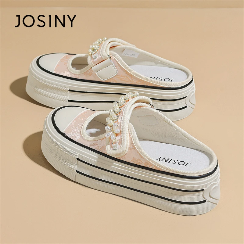 卓诗尼小白鞋女2025新款春季学生透气厚底帆布包头拖休闲运动板鞋