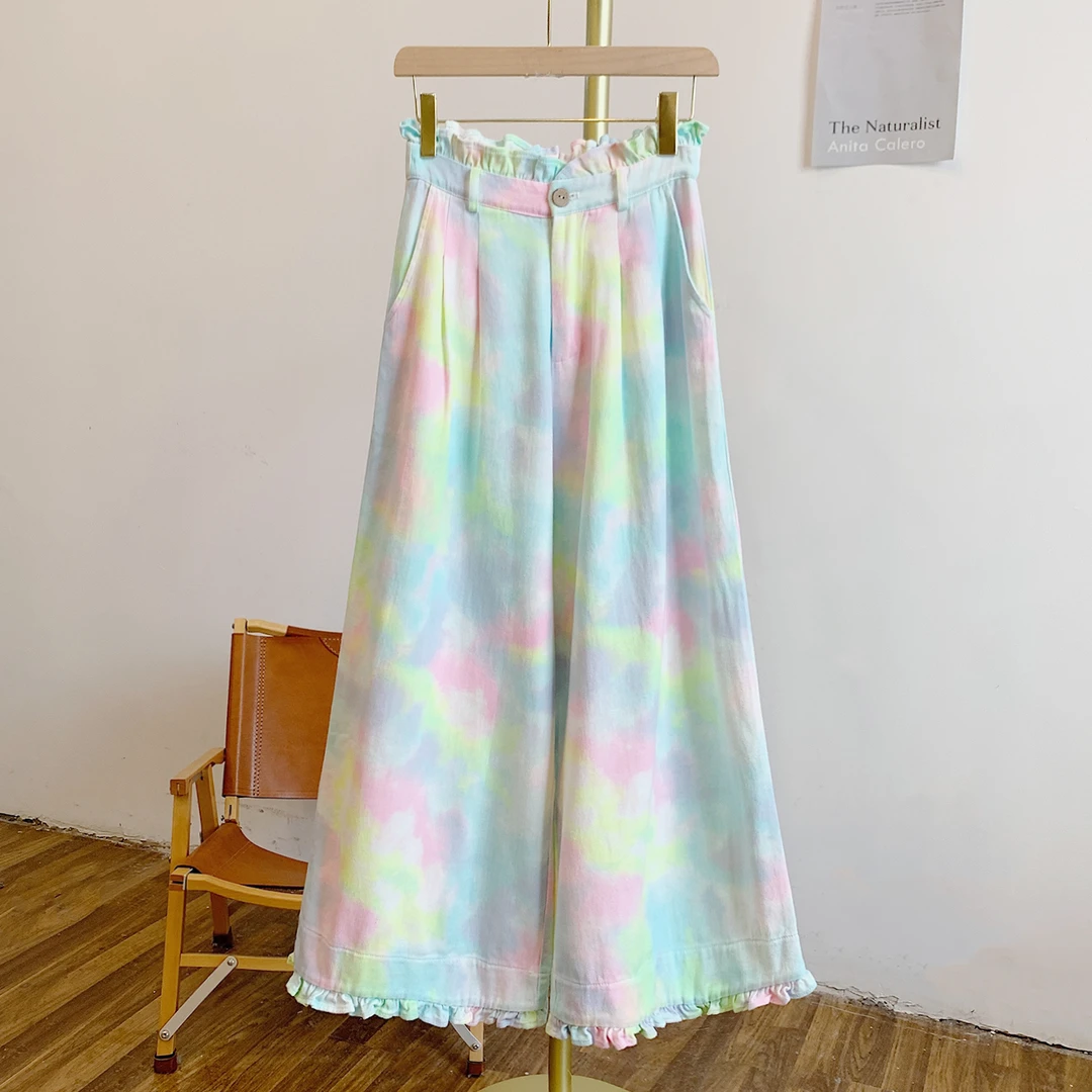 木耳裤-彩Y2696晕染木耳边半松紧腰阔腿裤