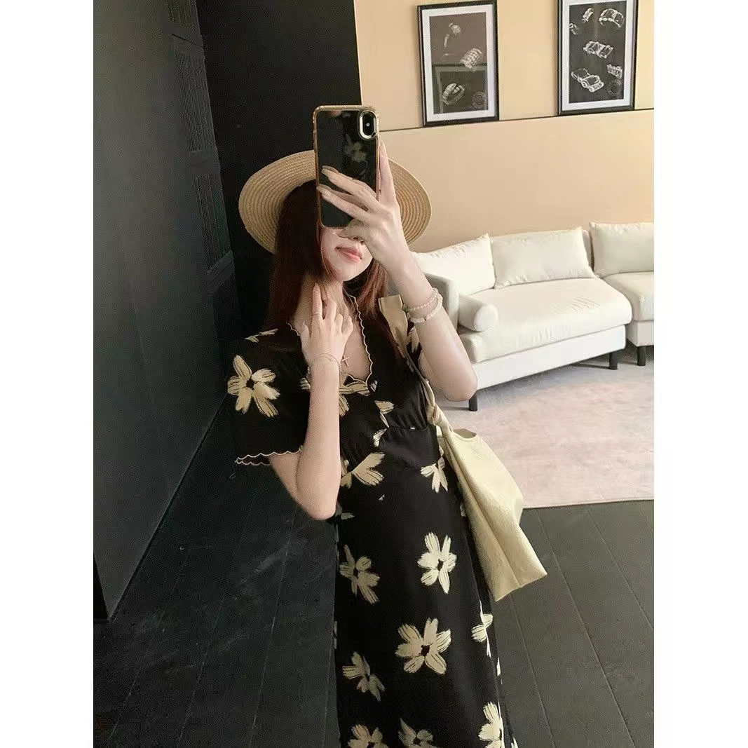 法式休闲风长裙V领连衣裙夏季女装碎花旗袍长款裙子