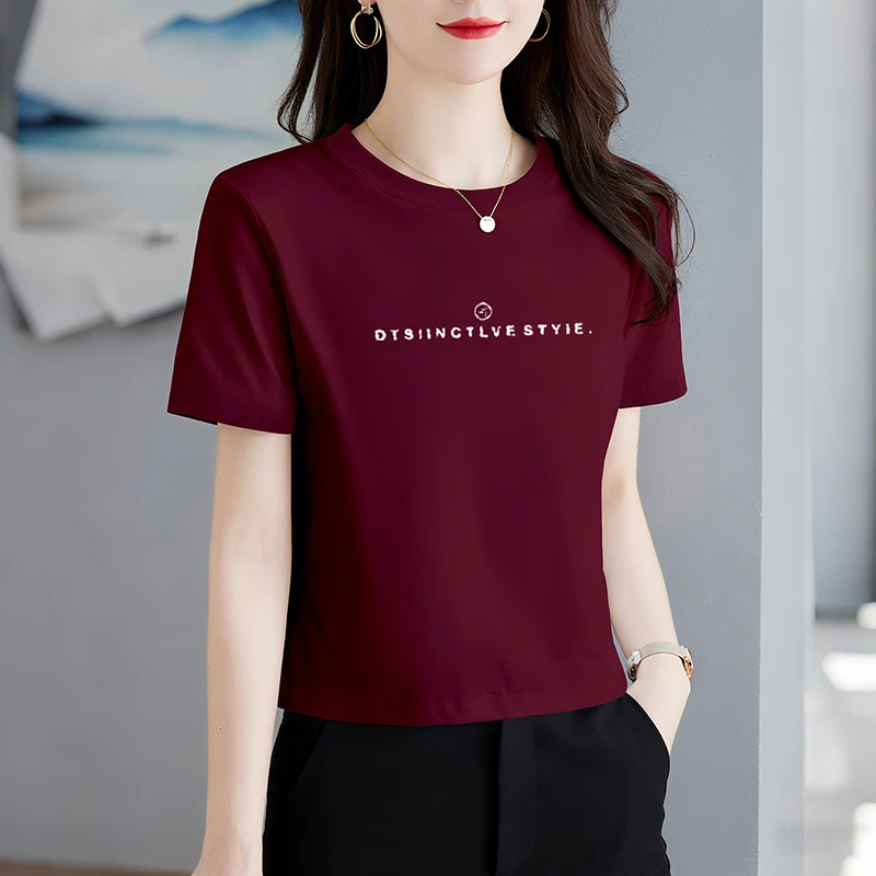 2025夏季减龄新款欧货酒红色短袖女t恤显瘦打底衫时尚短款上衣ins