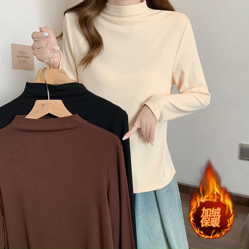 8376现货福利大码女装2023秋装新款简约时尚胖高领长袖加绒打底衫