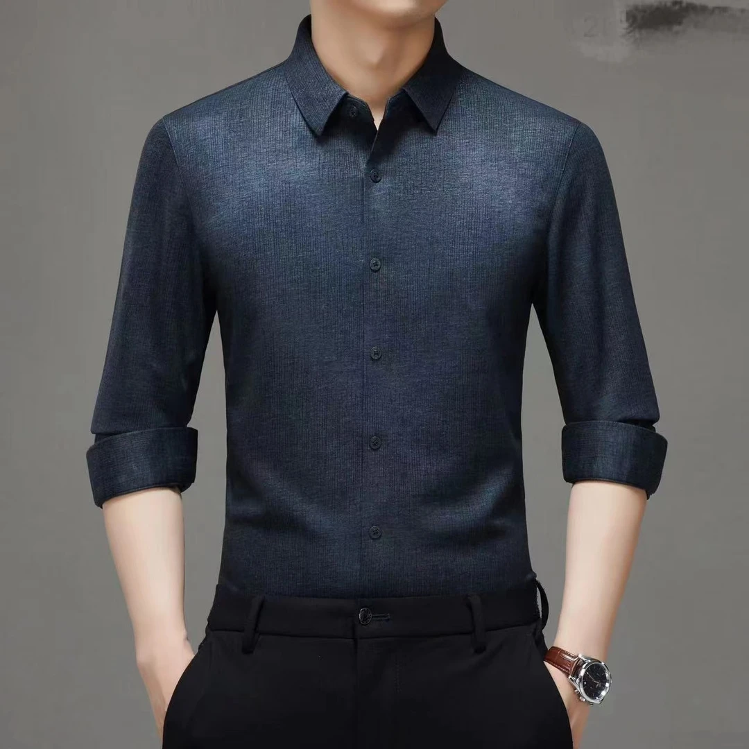 男士衬衫商务长袖衬衣打底百搭含醋酸蚕丝羊毛秋冬中年衬衣302