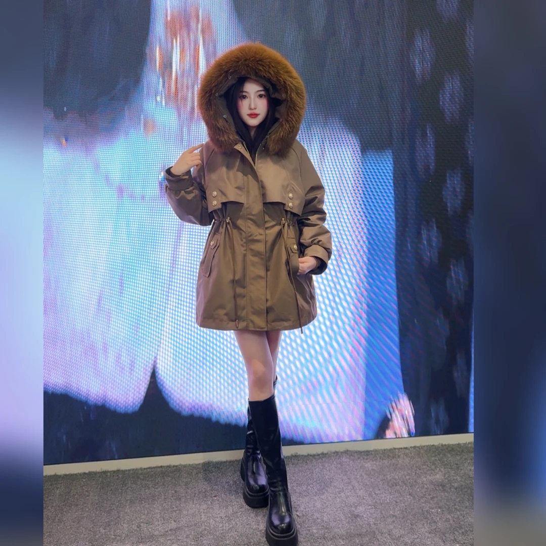 【青花瓷】2024冬季休闲百搭女兔毛内胆派克服加厚保暖大毛领外套