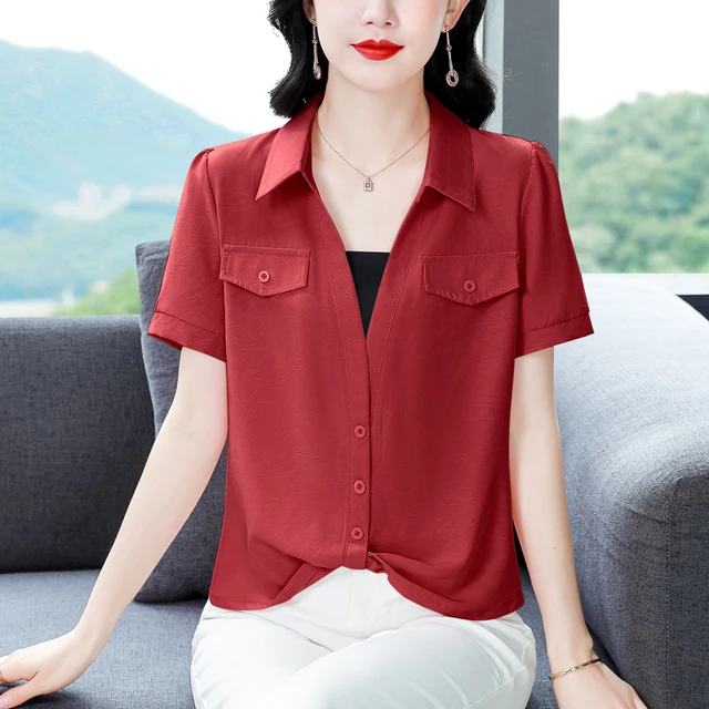 重磅真丝衬衫女短袖2025夏季新款时尚宽松大码V领桑蚕丝T恤上衣