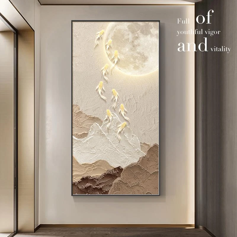 九鱼图玄关装饰画现代简约入户正对门壁画高级感走廊过道尽头挂画