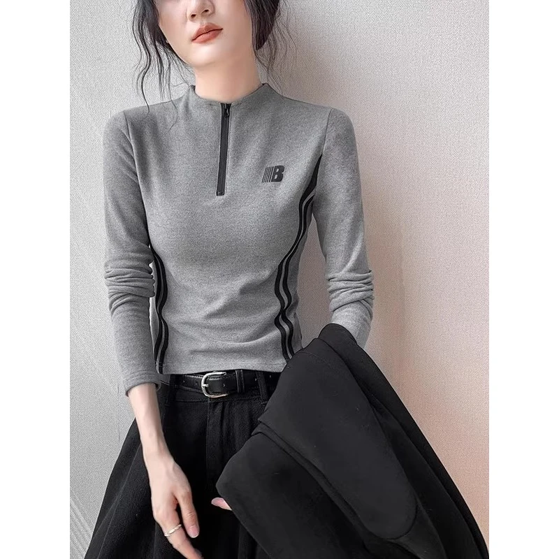 芯娇晴半拉链织带长袖t恤女秋冬季户外运动上衣骑行衣德绒打底衫