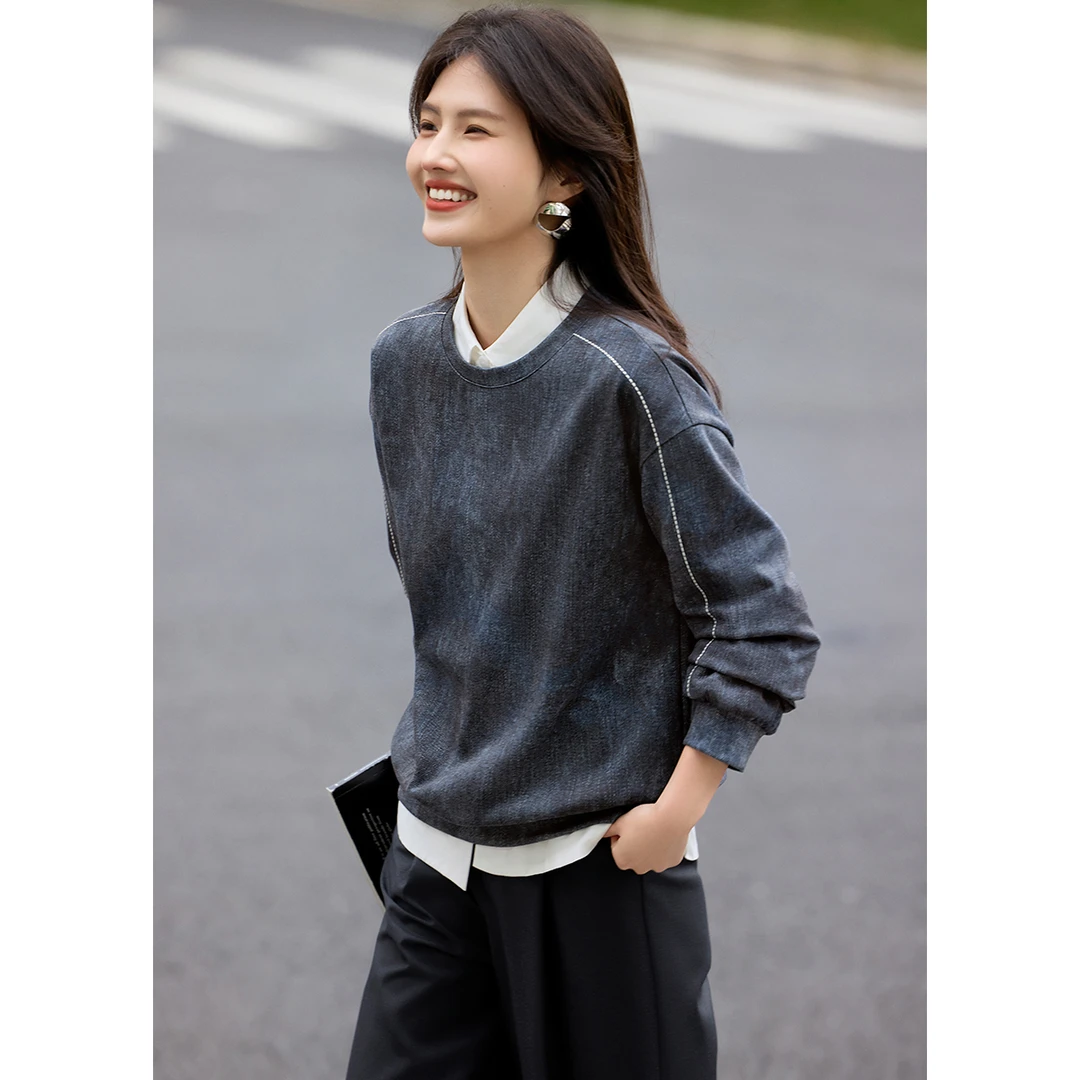 时尚晕染刺绣卫衣女2025年秋冬季新款圆领宽松显瘦休闲上衣