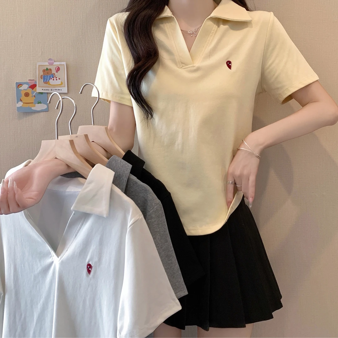 2025大码女装新款爱心刺绣美式正肩短袖T恤短袖女款爆款2025新款