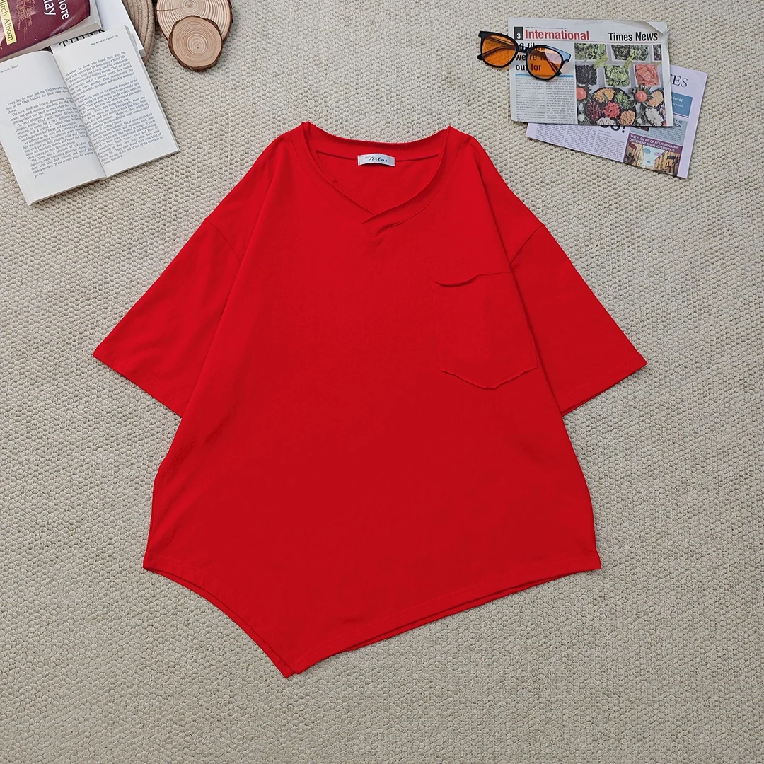 2025夏季新款宽松百搭不规则纯色短袖T恤3361