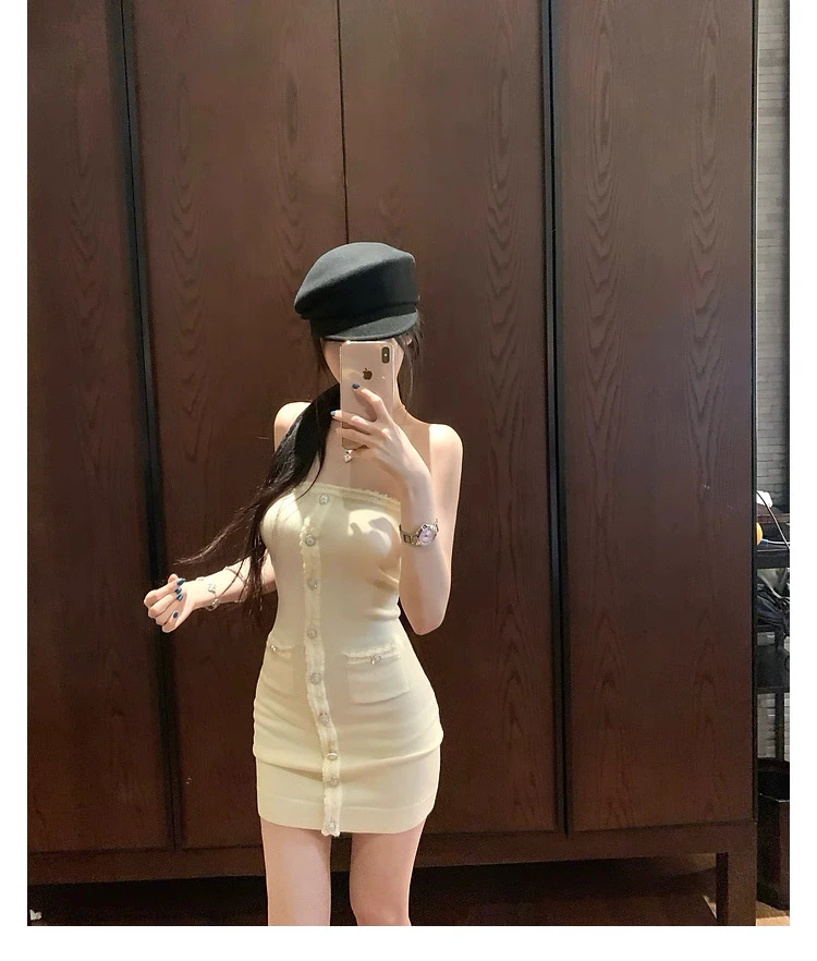 小香风优雅气质套装女纯欲针织抹胸连衣裙长袖开衫外套两件套裙子