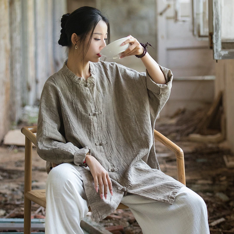 25春夏自制苎麻扎染清冷感盘扣开衫宽松禅意茶服唐装女式上衣外套