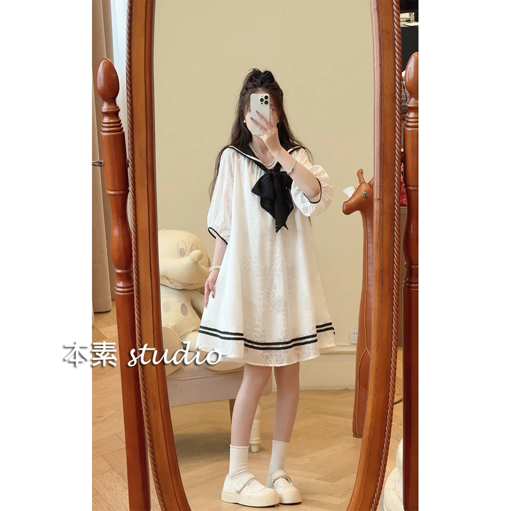 水冰月Y2899剪花拼色蝴蝶结系带海军领短袖连衣裙