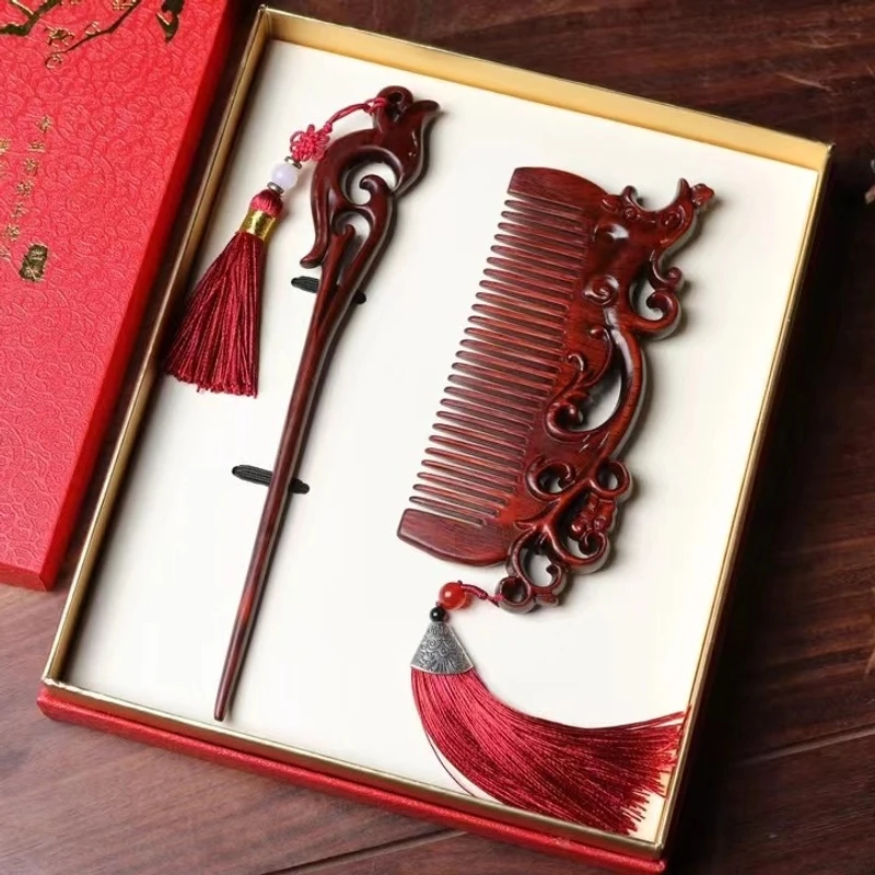新春送礼情人节结婚礼物丹凤梳紫檀木梳子发簪送女友国风婚庆中式