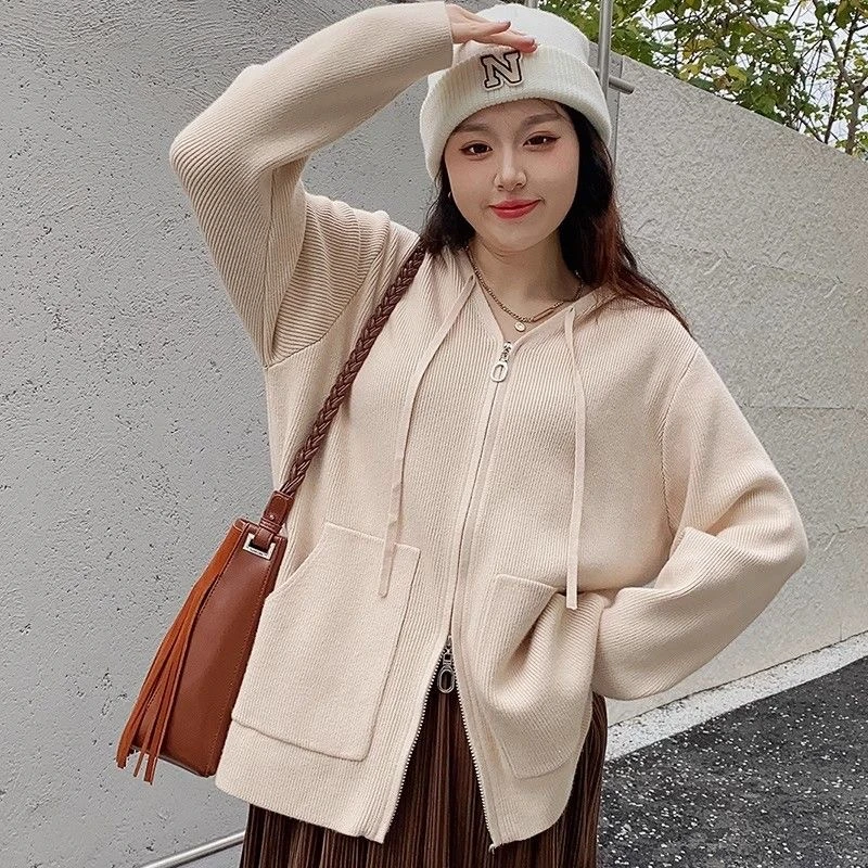 秋冬季连帽双拉链毛衣慵懒风气质显瘦针织大码