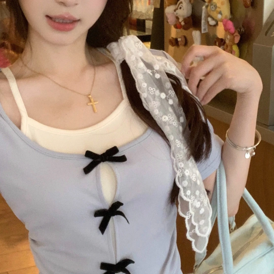 【0157】夏季小众设计感甜美假两件T恤减龄显瘦独特别致绝美上衣