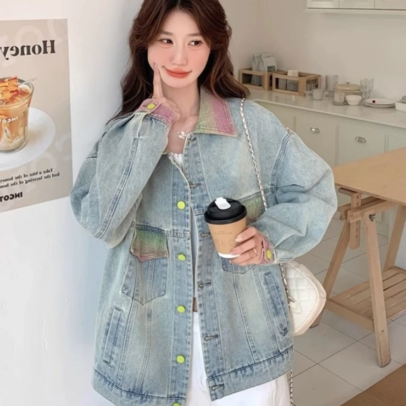 【1688】超好看渐变撞色翻领牛仔外套女2025春季新款小众夹克短上衣