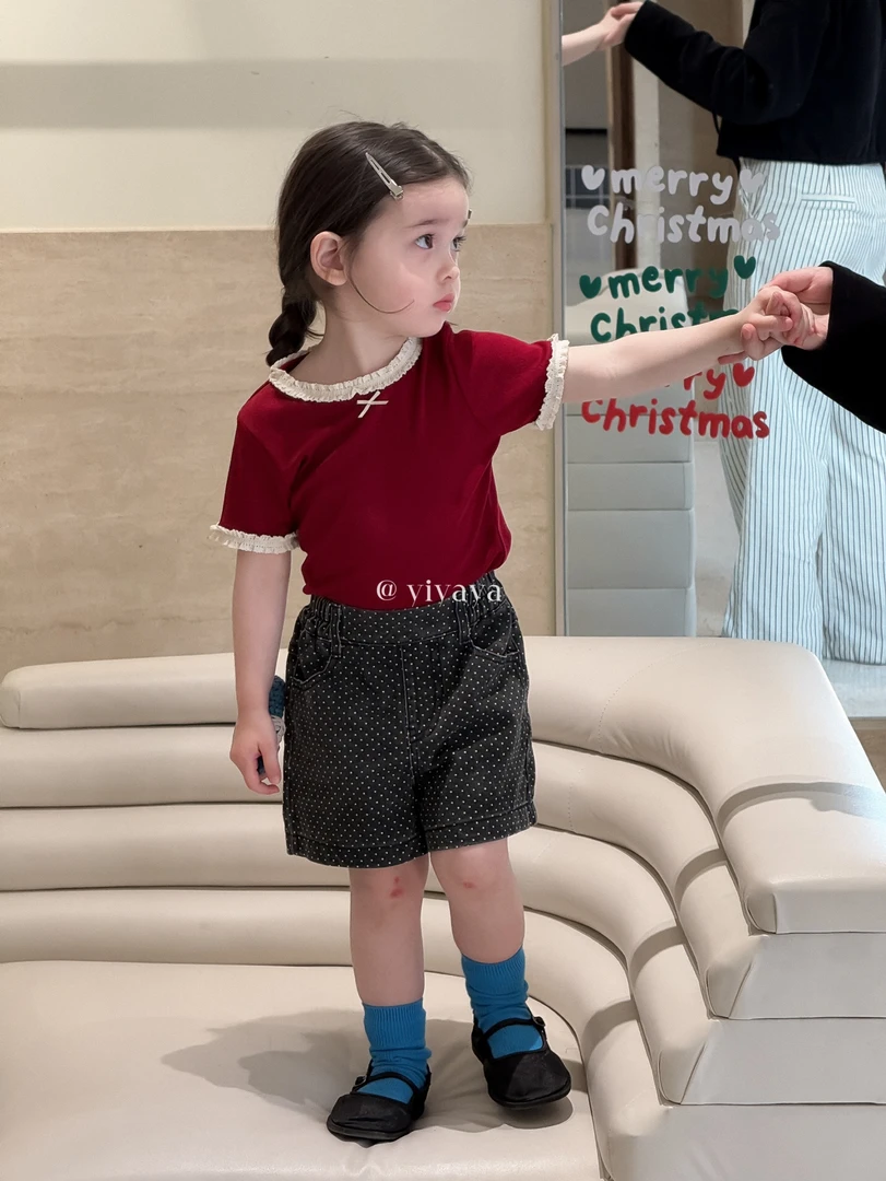 5320-yiyaya红色花边T恤