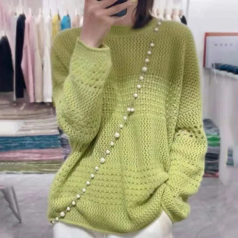 2025春季新款粉色镂空圆领针织T恤女宽松显瘦优雅气质长袖打8852