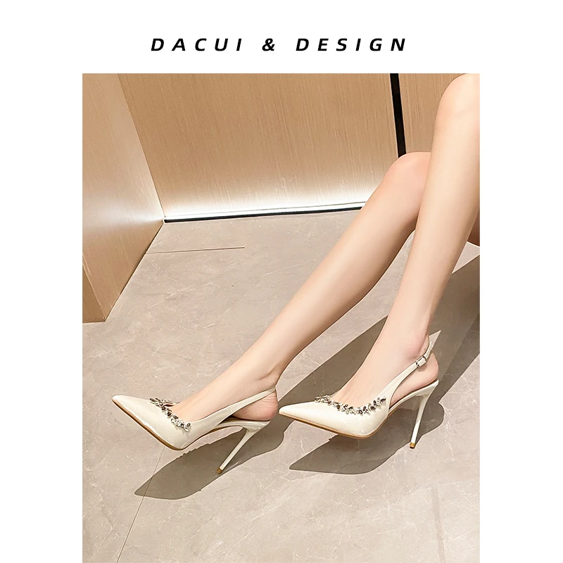 绝美高级感水钻细跟婚鞋法式高跟鞋夏季仙女风缎面后空包头凉鞋女