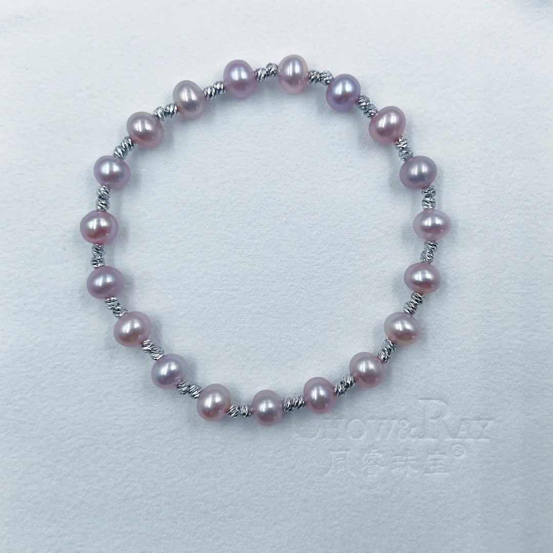 5.5-6.5mm粉紫色天然淡水无核珍珠手链弹网红古风珍珠手饰无证书