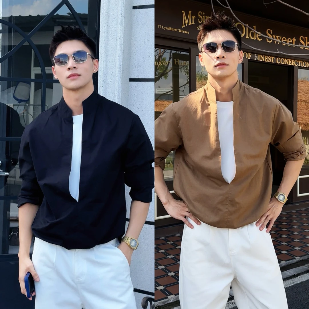 韩版老钱风假两件休闲衬衫男士2025秋季新中式穿搭高级感长袖衬衣