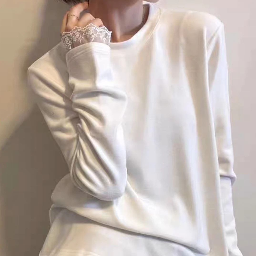 下摆蕾丝磨毛加绒T恤女欧洲站2025冬装新款欧货女装时尚打底衫潮