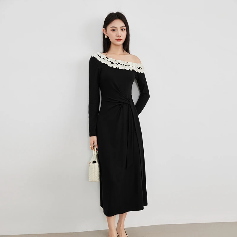 长裙通用露肩荡领高腰套头连衣裙轻奢黑色时尚名媛YA25333L002