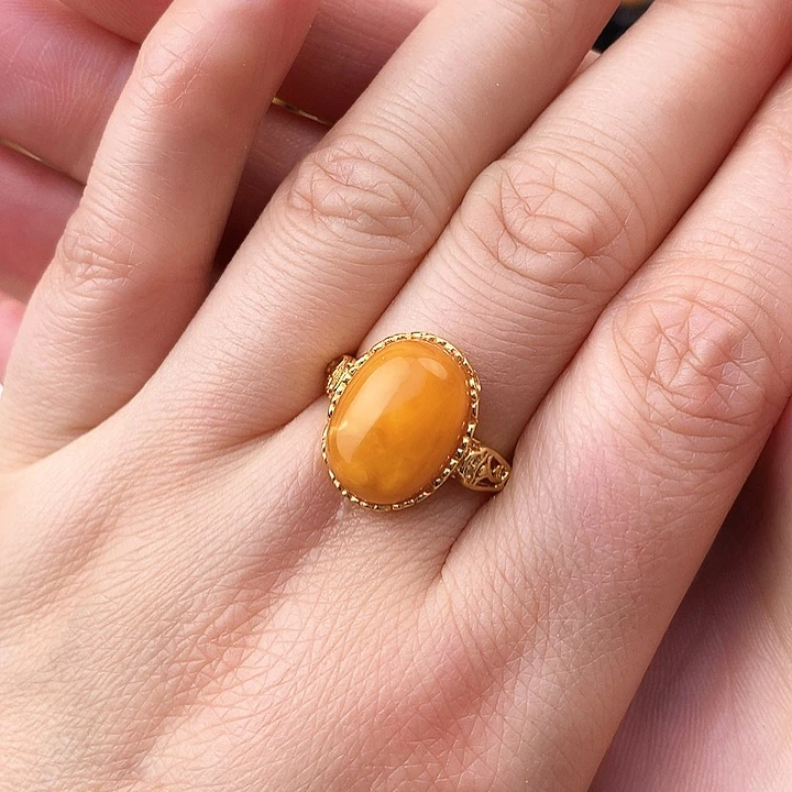 蜜蜡戒指银S925镶嵌戒指