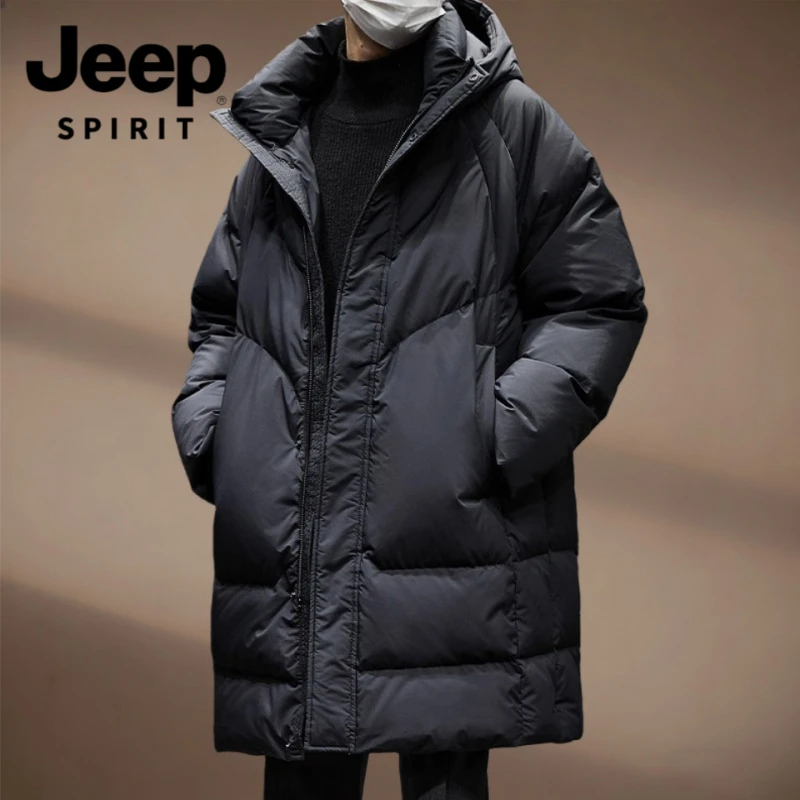 JEEP吉普中长款羽绒服男冬季新款防寒加厚保暖大衣白鸭绒连帽外套