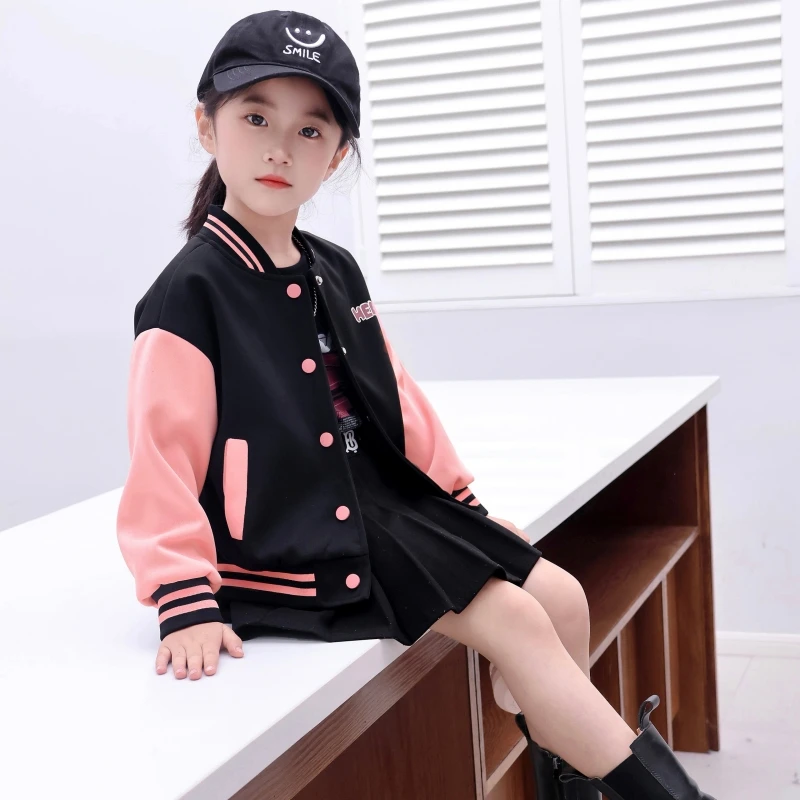 新款女童夹克外套 中小女童卡通印花棒球服女宝宝休闲单排扣外套