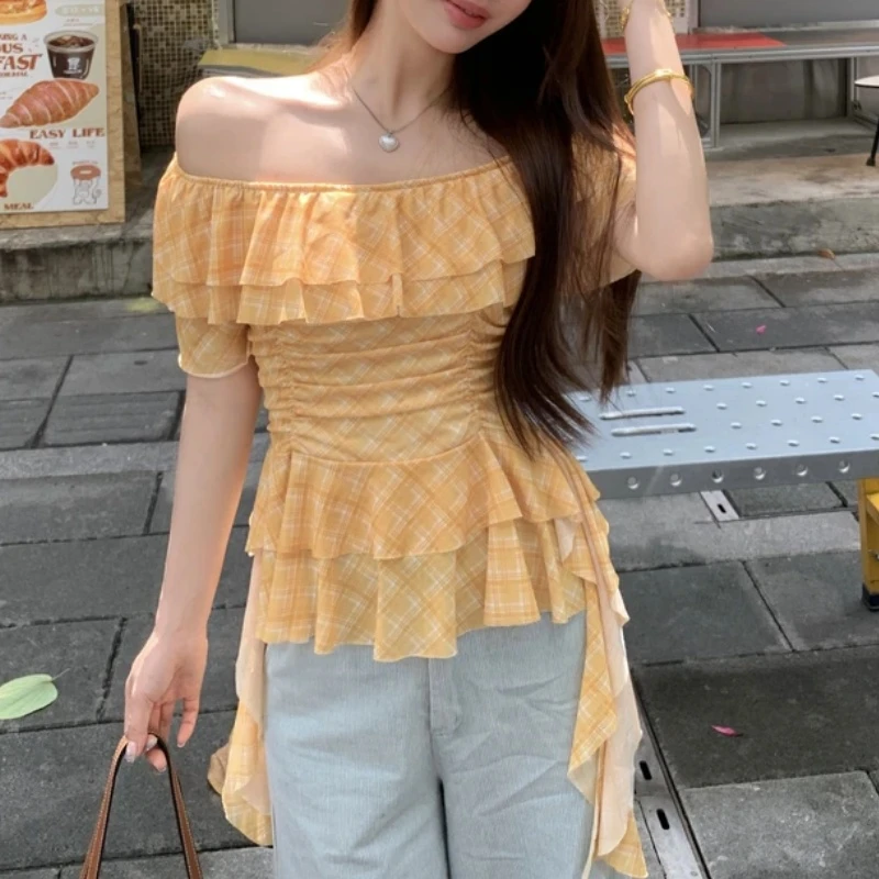 大码微胖韩版甜美风格子衬衫女装夏季荷叶边衬衣胖MM收腰显瘦上衣