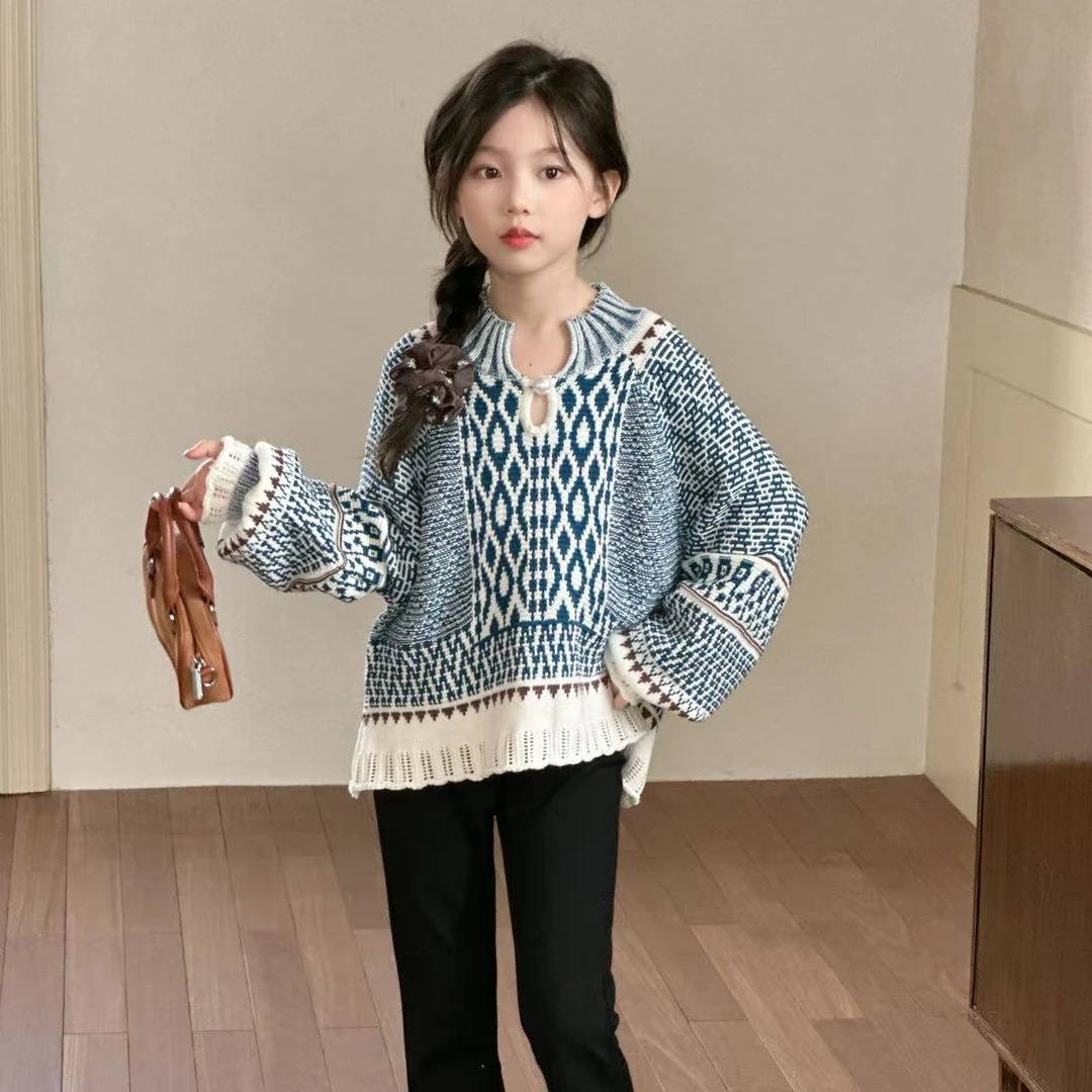 【秋上新】女童民族风菱格重工针织毛衣D