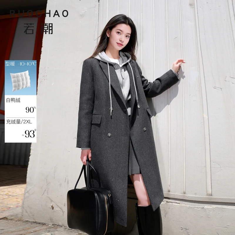 亮片毛呢羽绒服~三彩大码女装2025冬季新款呢外套长款羊毛胖MM