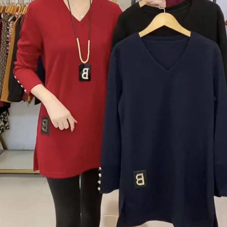 秋季新款长袖宽松中长款纯色百搭开叉上衣女大衫卫衣服