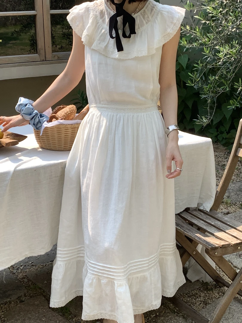 秋屿moment  自制 法式休闲显瘦花边领无袖连衣裙
