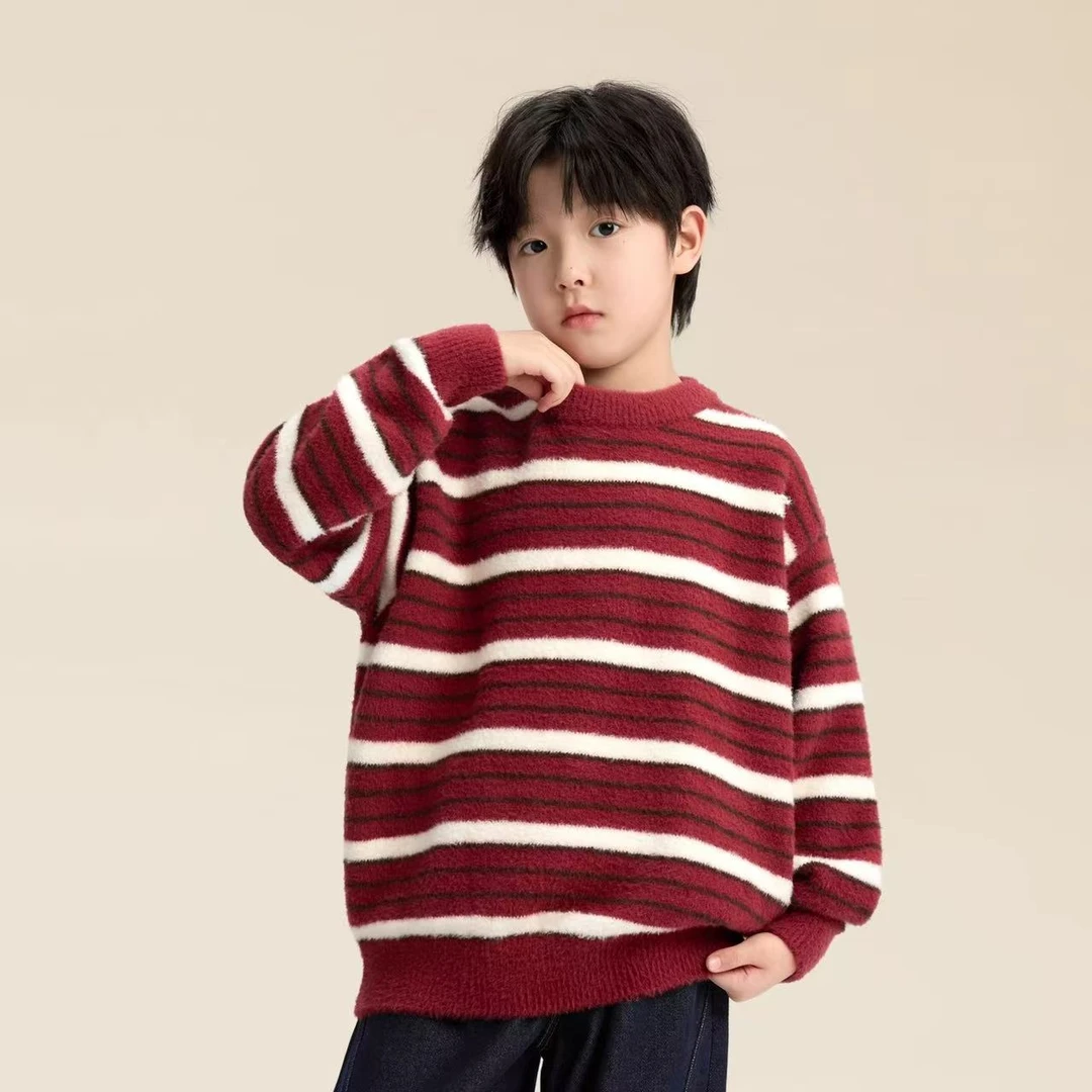 【不起球】韩国绒男女童加厚抗起球2025新年红色条纹毛衣绵软上衣