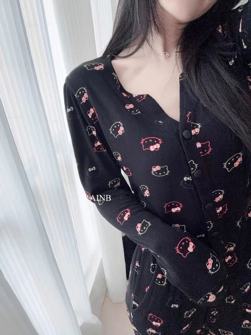 【2025新款】长袖长裤家居服黑凯蒂两件套女春款7010