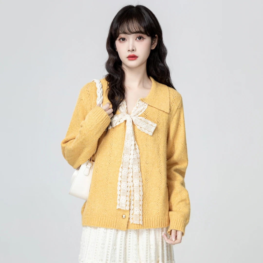 法式黄色V领毛衣女春秋2025秋季新款蕾丝蝴蝶结系带针织开衫上衣