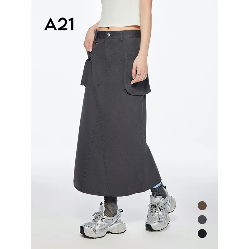 A21女装高腰中长款开叉工装裙F452217027